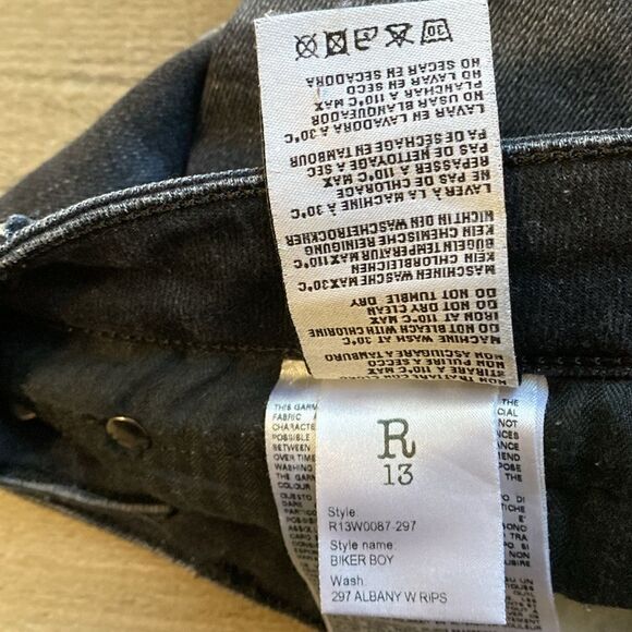R13 Biker Boy Jeans in Albany Washed Black w Rips Cropped Skinny Straight - Picture 9 of 10